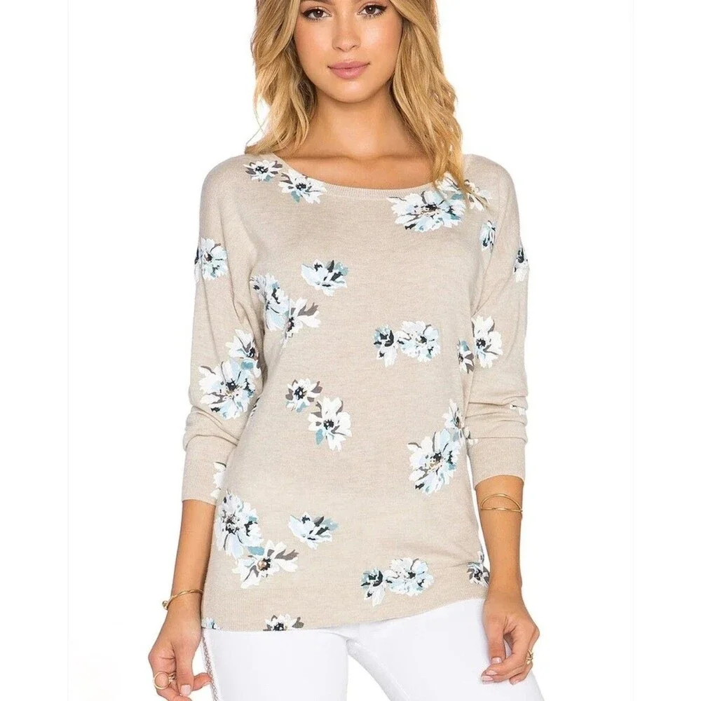 Joie Size M Sweater Eloisa Floral Print Knit Oatmeal Wool Blend Soft Casual